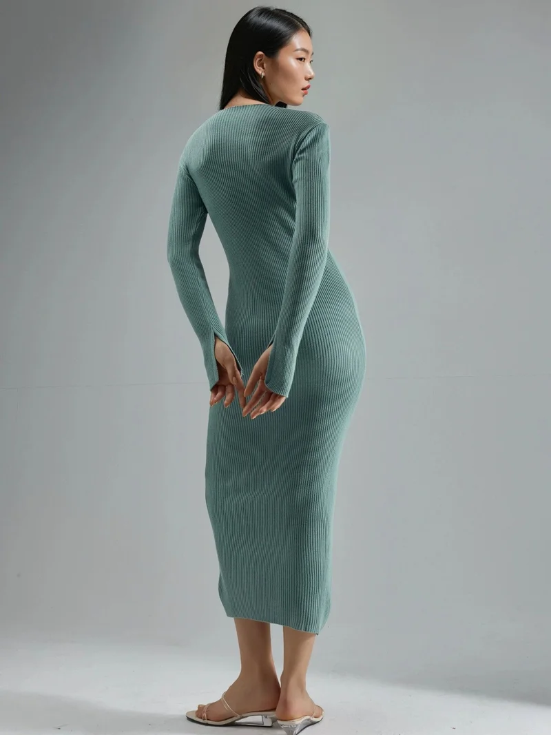 MY FASHION Mint Green MY FASHION V-Neck Textured Maxi Knit Dress with Slit for Women | Best Price UAE